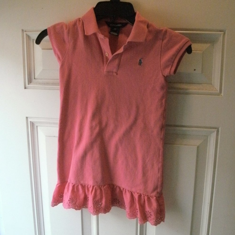 Ralph Lauren Preppy Pink Polo Dress with Eyelet Lace Ruffle girls size 5